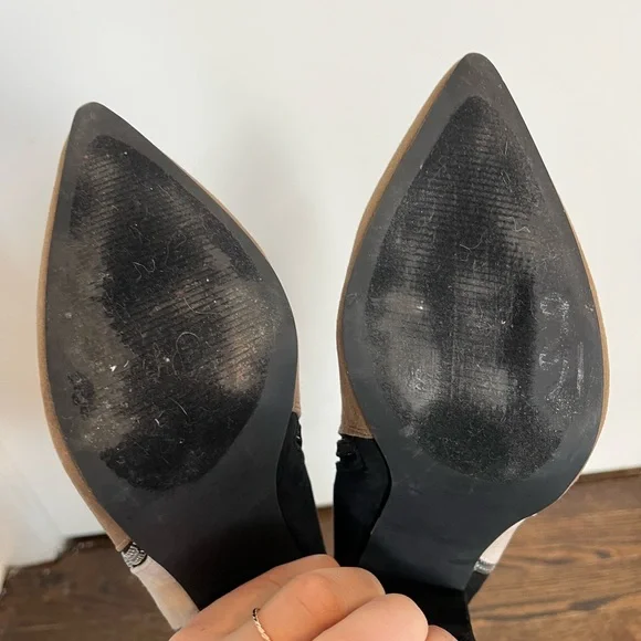 Shoe Dazzle Diane Tan Cream Black Heeled Boots booties size 9 zipper suede - Picture 10 of 10